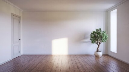 Fototapeta premium A living room with a couch, a table, and a plant in the corner and interior design concept.