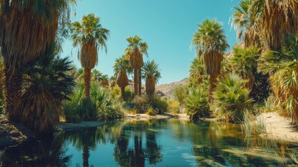 Obraz premium Lush Oasis Surrounded by Tall Palm Trees and Clear Water Under a Bright Blue Sky in a Desert Landscape