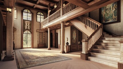 Fototapeta premium Contemporary Medieval Fusion - Grand Staircase and Hallway Interior Design with Tapestry and Artwork