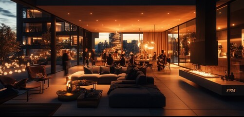 2025 elegant New Year's celebration in a minimalist home, chic lighting, modern decor, and a relaxed gathering of close friends and family