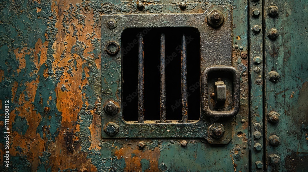 Poster captivating close-up of an old rusty jail door with four vertical bars and textured weathered metall
