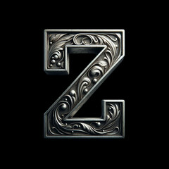 Old silver font design, alphabet letter Z with metal texture and decorative floral pattern isolated on black background, luxury and jewelry concepts.
