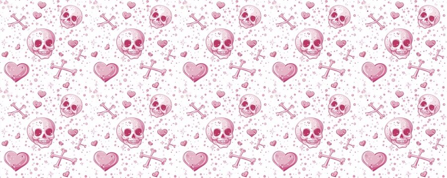 seamless pattern of Pink skulls hearts bones whimsical Valentine's Day romantic gothic 