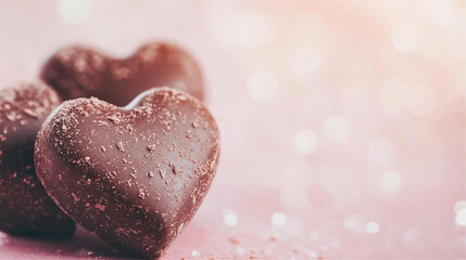 Fototapeta premium Chocolate hearts rest on a soft pink surface, sprinkled with delicate chocolate shavings, creating a sweet and romantic atmosphere perfect for valentine's day. Copy space