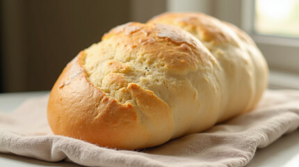 A fluffy, cloud-like bread with a light, airy texture, perfectly golden on the outside. The bread sits on a soft cloth, with its delicate, puffy layers visible, bathed in gentle natural light.