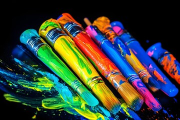 Obraz premium An engaging design of neon outlines of paint tubes and brushes coming together to create a visually striking artistic composition, isolated on a black background.