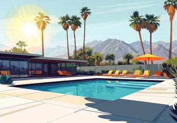 Serene Desert Oasis with Modern Pool and Lush Palm Trees Under Bright Sunlight, Inviting Outdoor Space Perfect for Relaxation and Leisure in Scenic Landscape