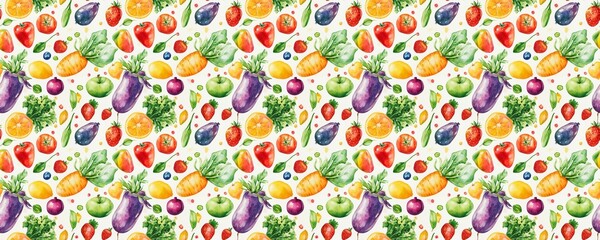seamless pattern of Vibrant watercolor fruit vegetable pattern red orange healthy eating design 