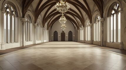 Obraz premium Majestic Fusion: Modern-Medieval Grand Ballroom with High Ceilings, Chandeliers, and Opulent Decor, Ideal for Elegant Events and Gatherings