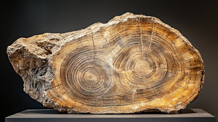 Obraz premium Stunning Cross-Section of a Petrified Wood Log Showcasing Rich Patterns and Textures, Ideal for Natural History Displays and Artistic Inspirations in Nature Photography