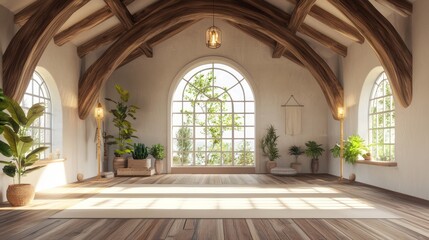 Obraz premium Serene Fusion: Modern-Medieval Yoga Studio with Soft Lighting and Wooden Beams | Ultra-Detailed Photorealistic Interior Design
