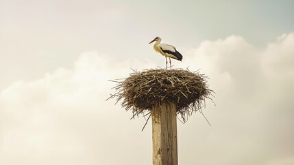 Fototapeta premium Majestic Stork Standing Proudly on Nest High Above in a Serene Sky, Symbolizing Nature's Beauty and the Wonder of Wildlife Conservation