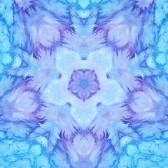Blue Mandala watercolor kaleidoscope pattern. Hand drawn abstract background. Decorative tile textile print element.