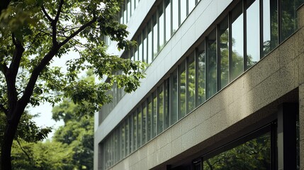 Fototapeta premium Modern Architecture and Nature Blend in Urban Environment with Reflections on Glass Facade Surrounded by Green Foliage on a Bright Day