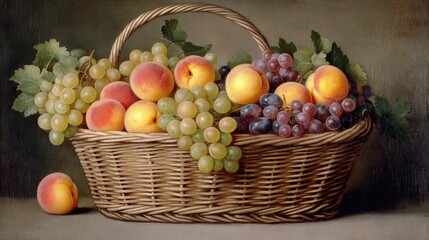 Vibrant Basket of Peaches and Grapes in Still Life Art Photography