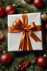 A beautifully wrapped gift with a shiny brown ribbon rests among Christmas decorations, including red ornaments and lush evergreen branches, creating a festive holiday feel.