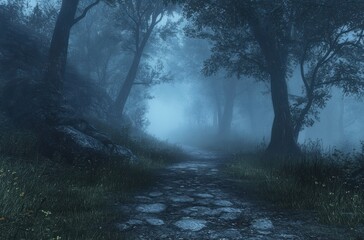 Fototapeta premium Serene Misty Pathway Through Lush Forest with Soft Fog Covering the Ground, Inviting Tranquility and Peaceful Nature Experience