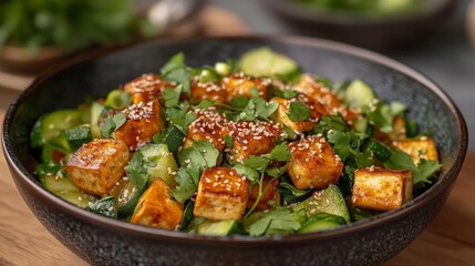 Bowl of Tofu, Zucchini, and Cilantro Salad with Sesame Seeds