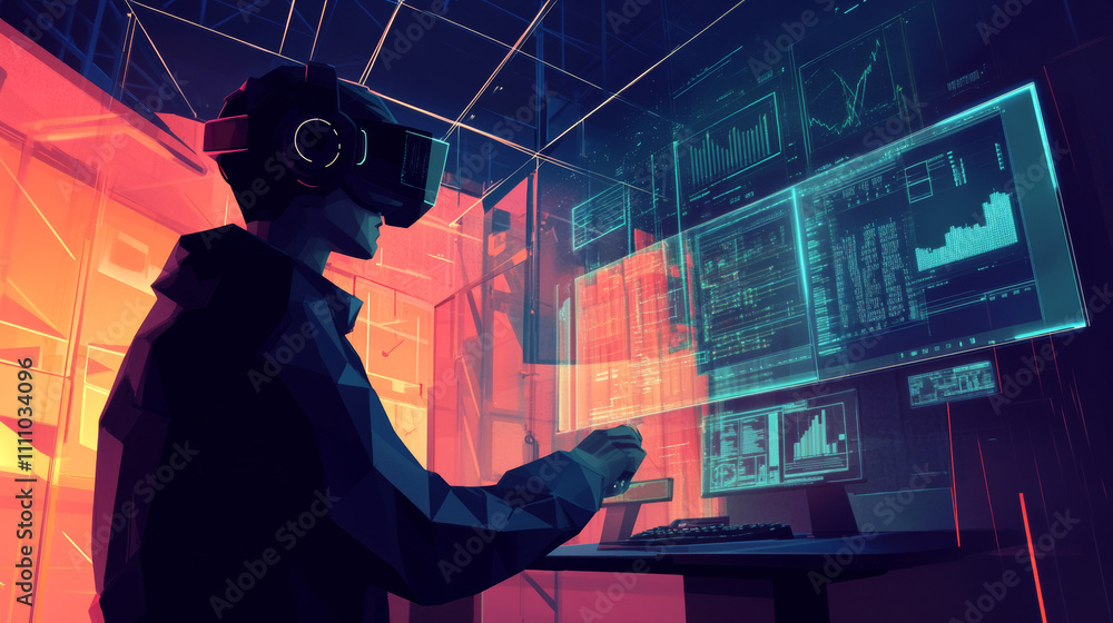 Poster virtual augmented reality helmet low poly. innovation media entertainment polygonal concept. hud use