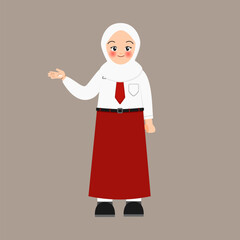 Illustration of pretty girl wearing indonesian elementary school with open hand pose