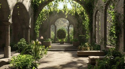 Fototapeta premium Serene Fusion: A Modern-Medieval Meditation Garden Retreat