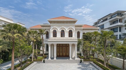 Obraz premium Elegant Mansion Surrounded by Lush Greenery and Blue Sky