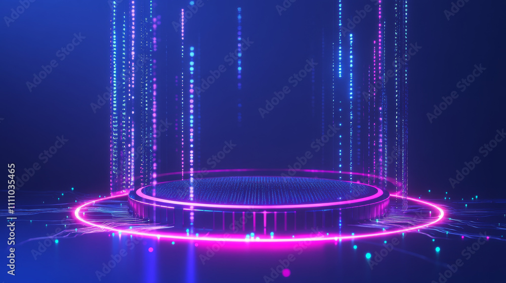 Poster ai 3d hologram chip with digital particles on technology abstract circuit surface. artificial intell