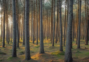 Obraz premium Serene Pine Forest Surrounded by Rays of Sunlight Illuminating a Tranquil Environment, Perfect for Nature Lovers and Landscape Photography Enthusiasts