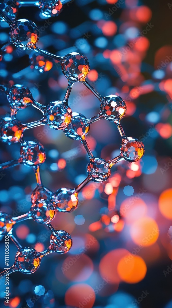 Poster abstract representation of molecular structures with glowing atoms creating a dynamic visual experie