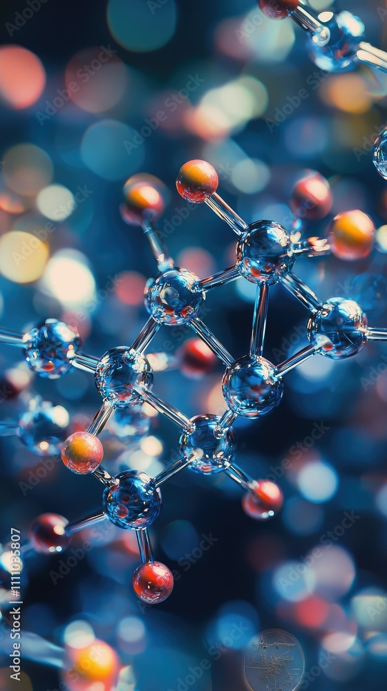 Poster macro view of abstract molecular structure with vibrant colors and bokeh effects creating an enchant