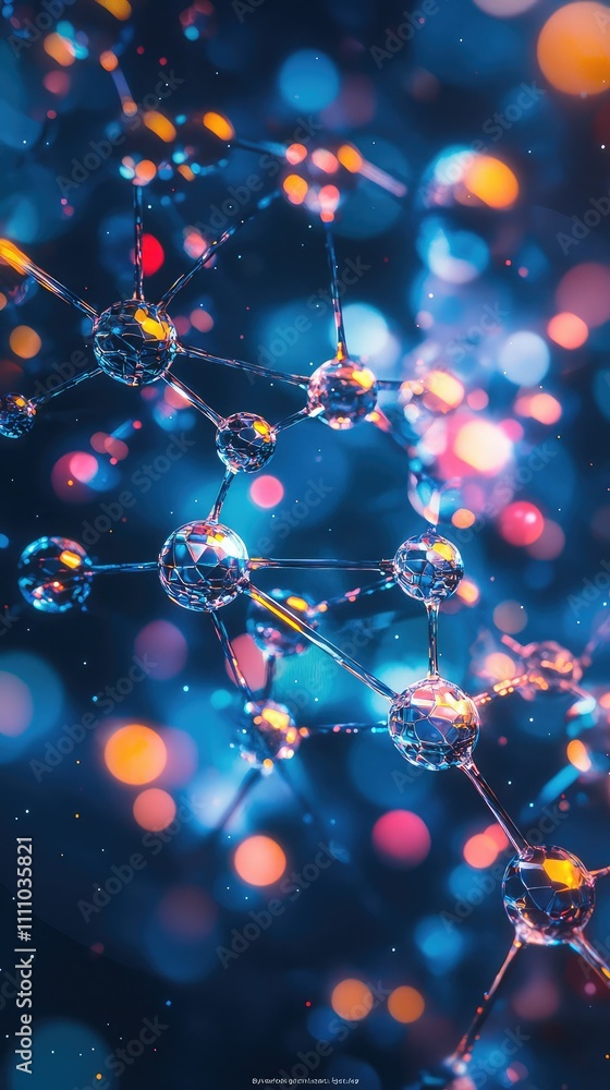 Aufkleber abstract macro view of colorful chemical molecules with blurry lights in background, ideal for scien