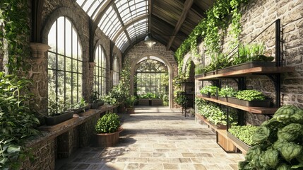 Obraz premium Serene Greenhouse Oasis: Modern-Medieval Interior Design with Stone Walls, Medieval Plants, and Inspiring Gardening Environment