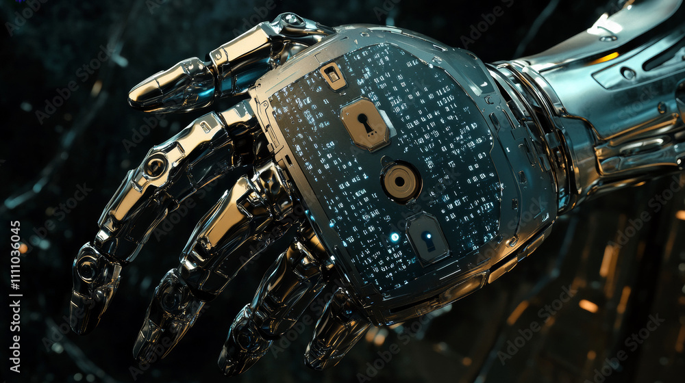 Poster vector illustration concept of the hand of a humanoid robot over which is a shield with a lock from 