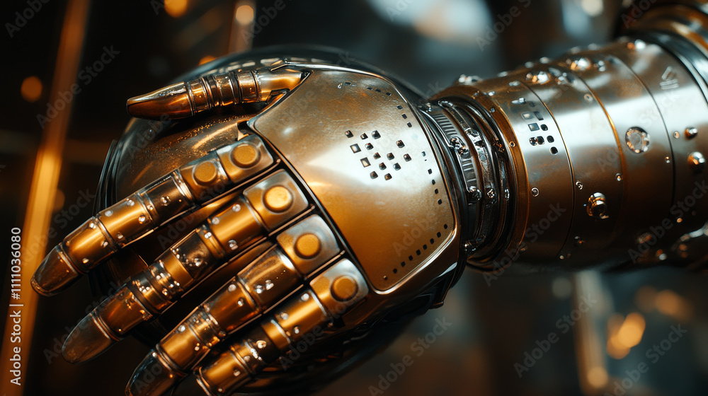 Poster vector illustration concept of the hand of a humanoid robot over which is a shield with a lock from 