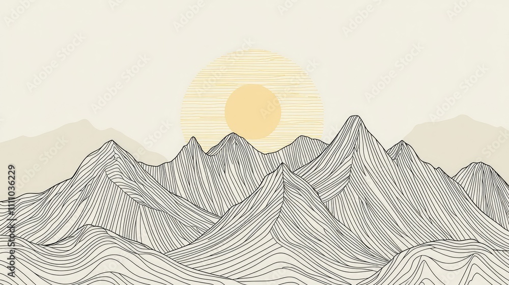 Poster abstract line art of mountains with sunrise in soft color palette, emphasizing curved lines and natu