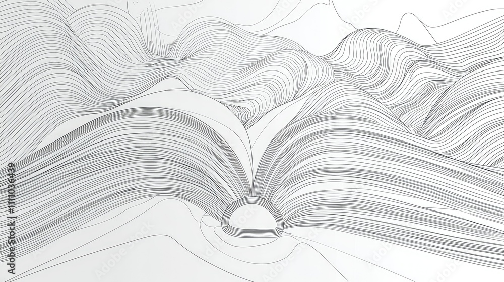 Poster abstract line art depicting flowing hills and curved mountains in a minimalist style with elegant gr