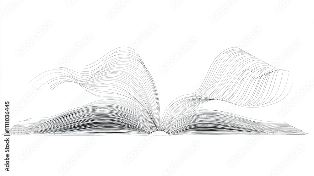 Poster abstract illustration of an open book with flowing lines symbolizing imagination, creativity, and kn