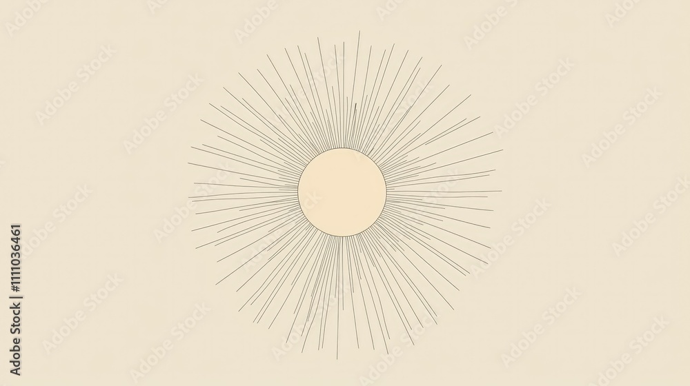 Poster abstract representation of a sunburst pattern featuring a central circle with radiating lines, evoki