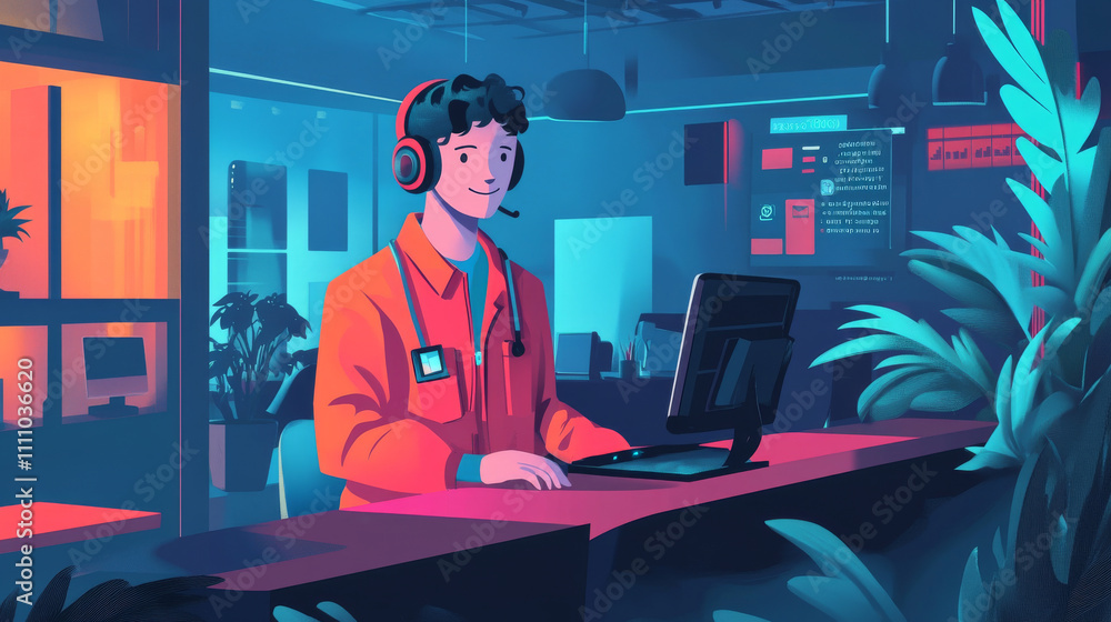 Aufkleber human digital avatar as a symbol of ai presses a virtual button on screen with technical support ico