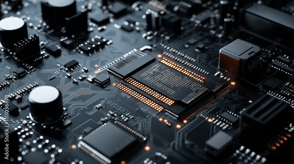 Poster close-up of a circuit board showcasing electronic components and connections.