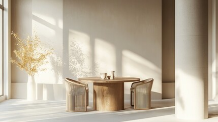 Fototapeta premium Modern Minimalist Dining Space with Wooden Table and Natural Light Highlights, Featuring Elegant Chairs and a Floral Centerpiece in a Cozy Atmosphere