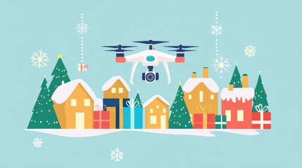 Festive drone delivering gifts over winter village.