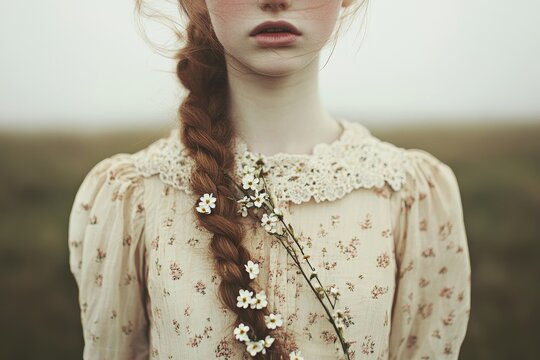 Vintage Style Portrait with Floral Dress and Braided Hair in a Pastoral Setting