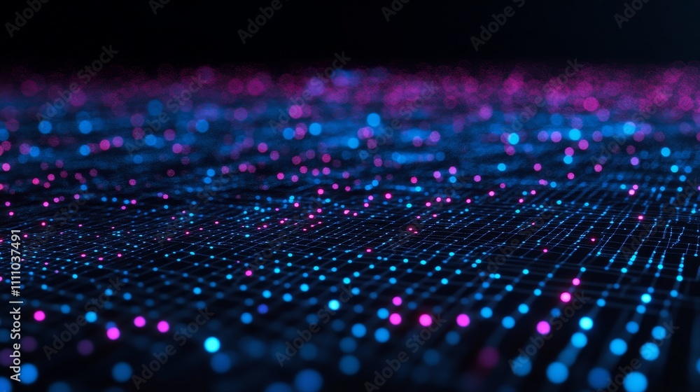 Poster abstract visualization of interconnected data points in vibrant colors, representing technology and 
