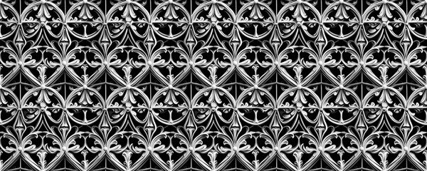 seamless pattern of Elegant silver white ornate gothic metalwork design black background 