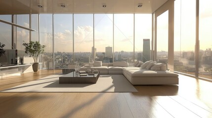 Modern Minimalist Living Room with Panoramic City View and Abundant Natural Light in Luxurious High-Rise Apartment Showcasing Comfort and Elegance