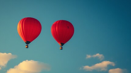 Fototapeta premium Two red hot air balloon float against a clear blue sky with soft clouds.
