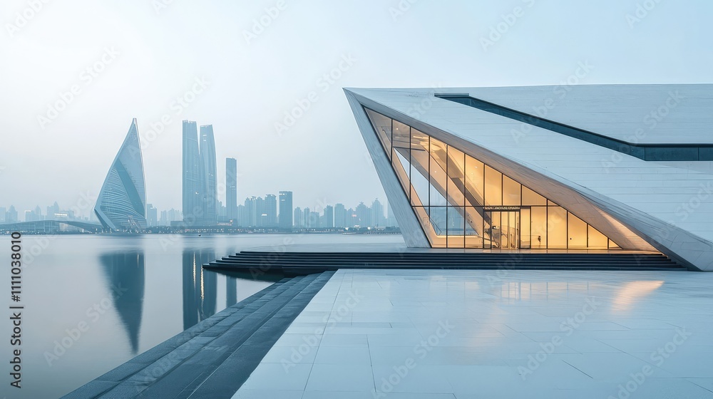 Poster modern architectures by water with sharp edges and soft light in urban landscape featuring skyscrape