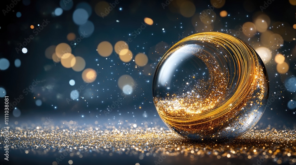 Poster glittering sphere with sparkling dust and bokeh background