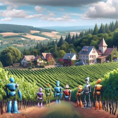 Colorful robots walk along a path in a vineyard, houses and rolling hills in the background.